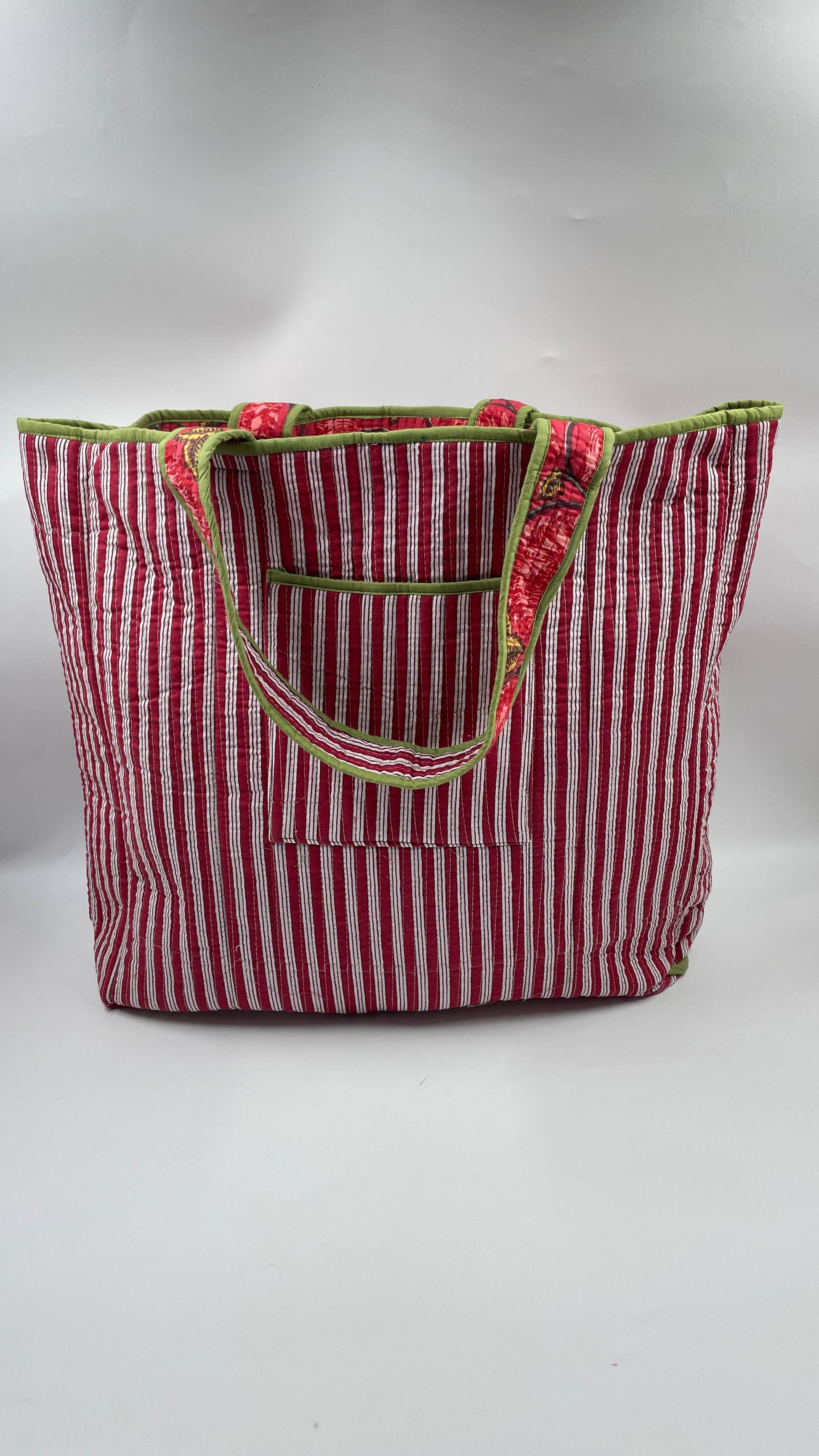 Red Floral Cotton Quilted Tote Bag