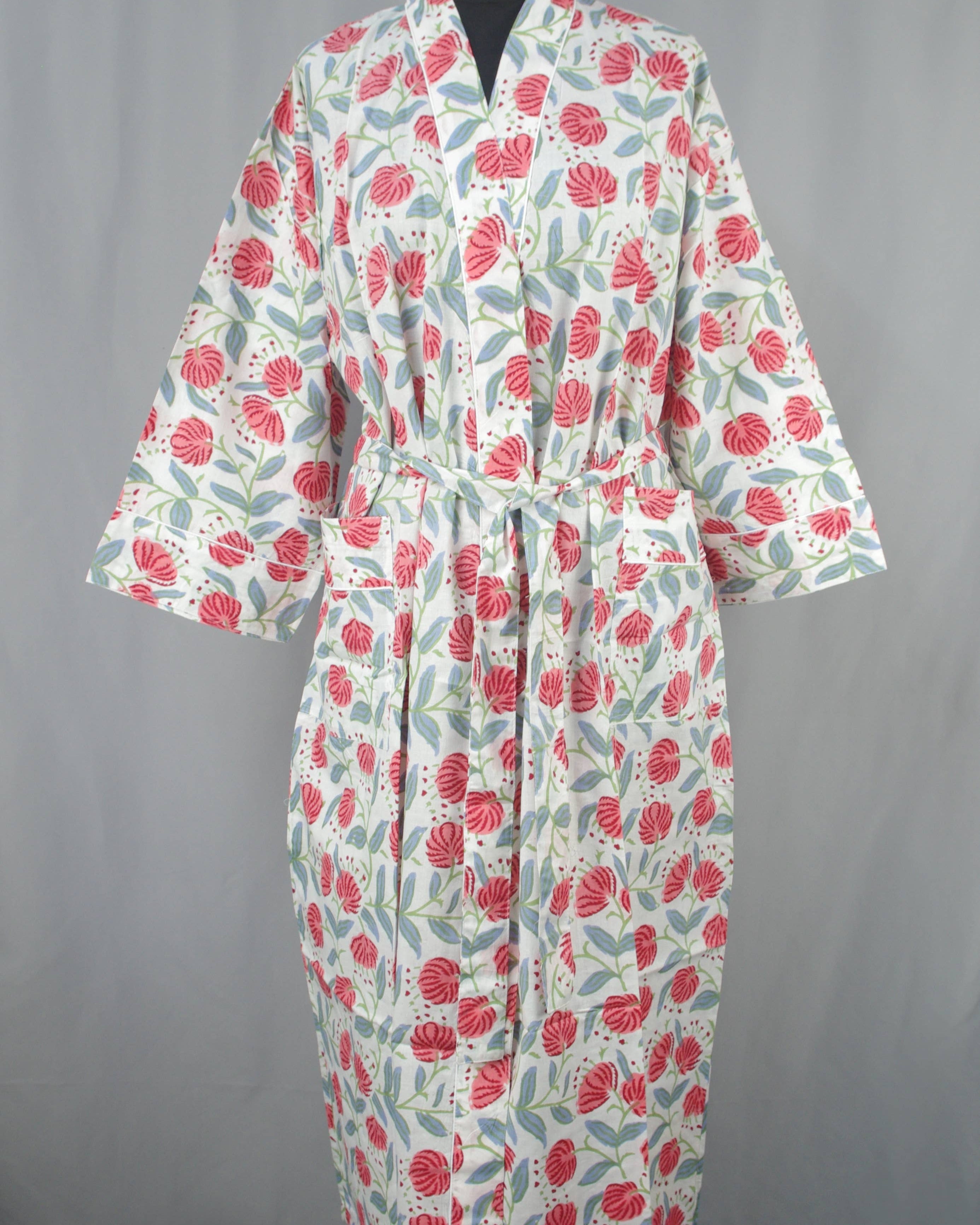 Cotton Kimono Dressing Gown - Red Dandelion On White