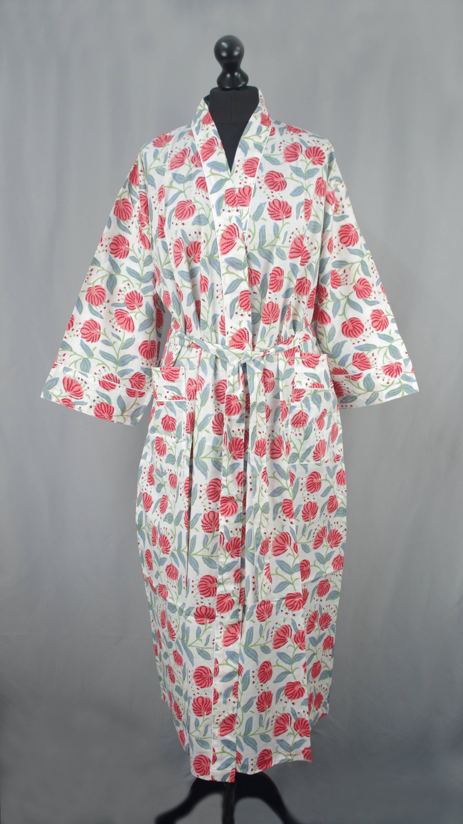 Cotton Kimono Dressing Gown - Red Dandelion On White