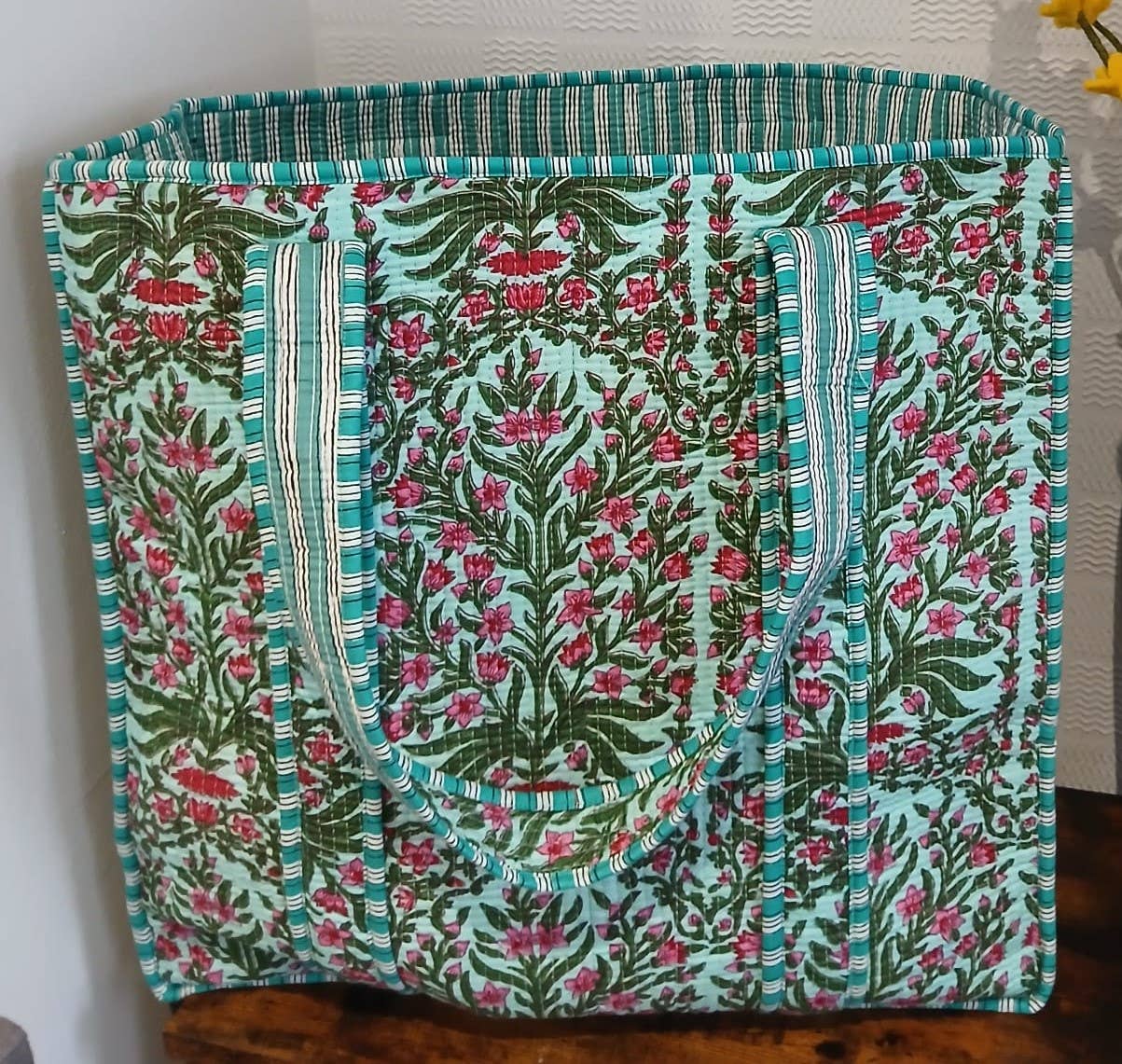 Teal Cotton Kantha Quilted Tote Bag