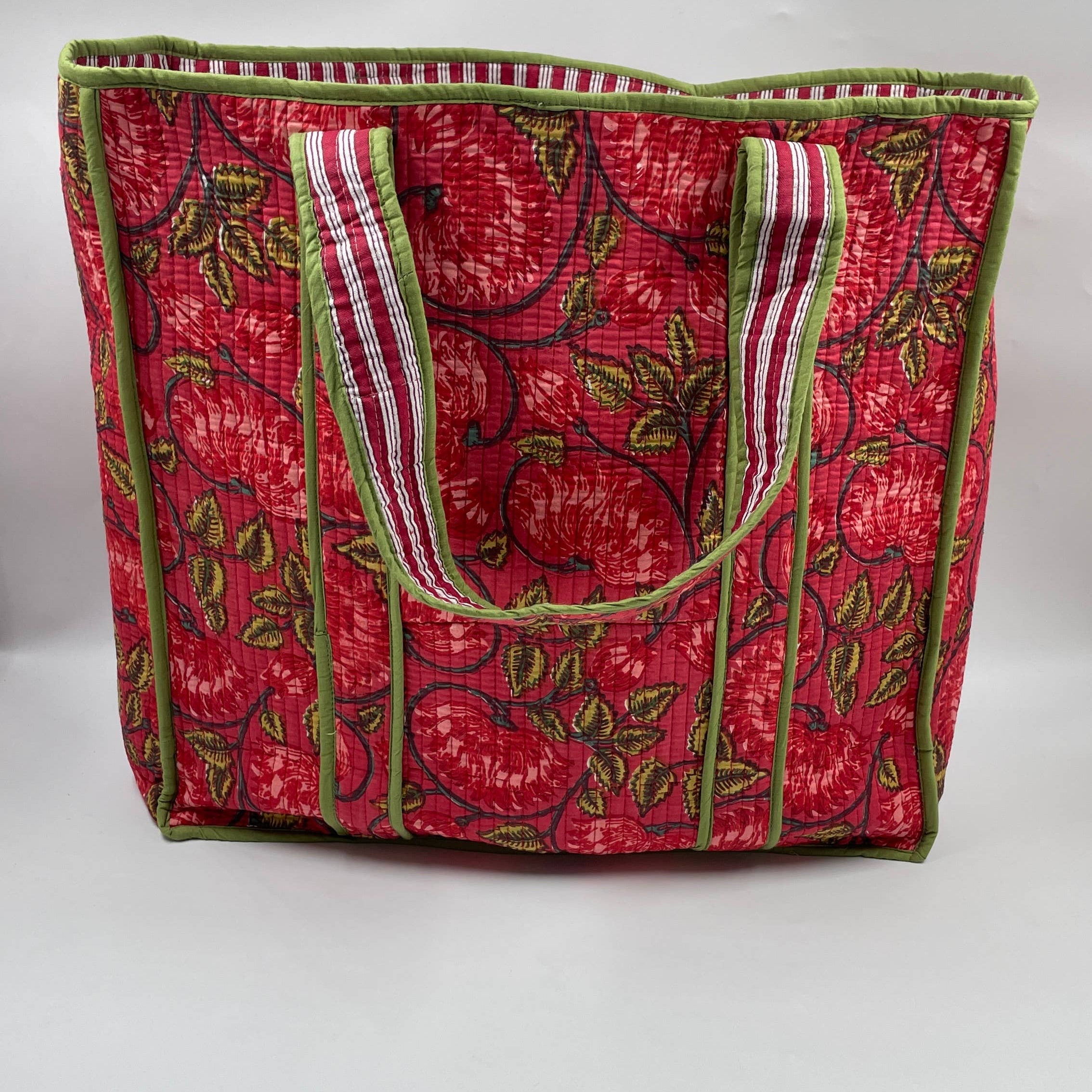 Red Floral Cotton Quilted Tote Bag