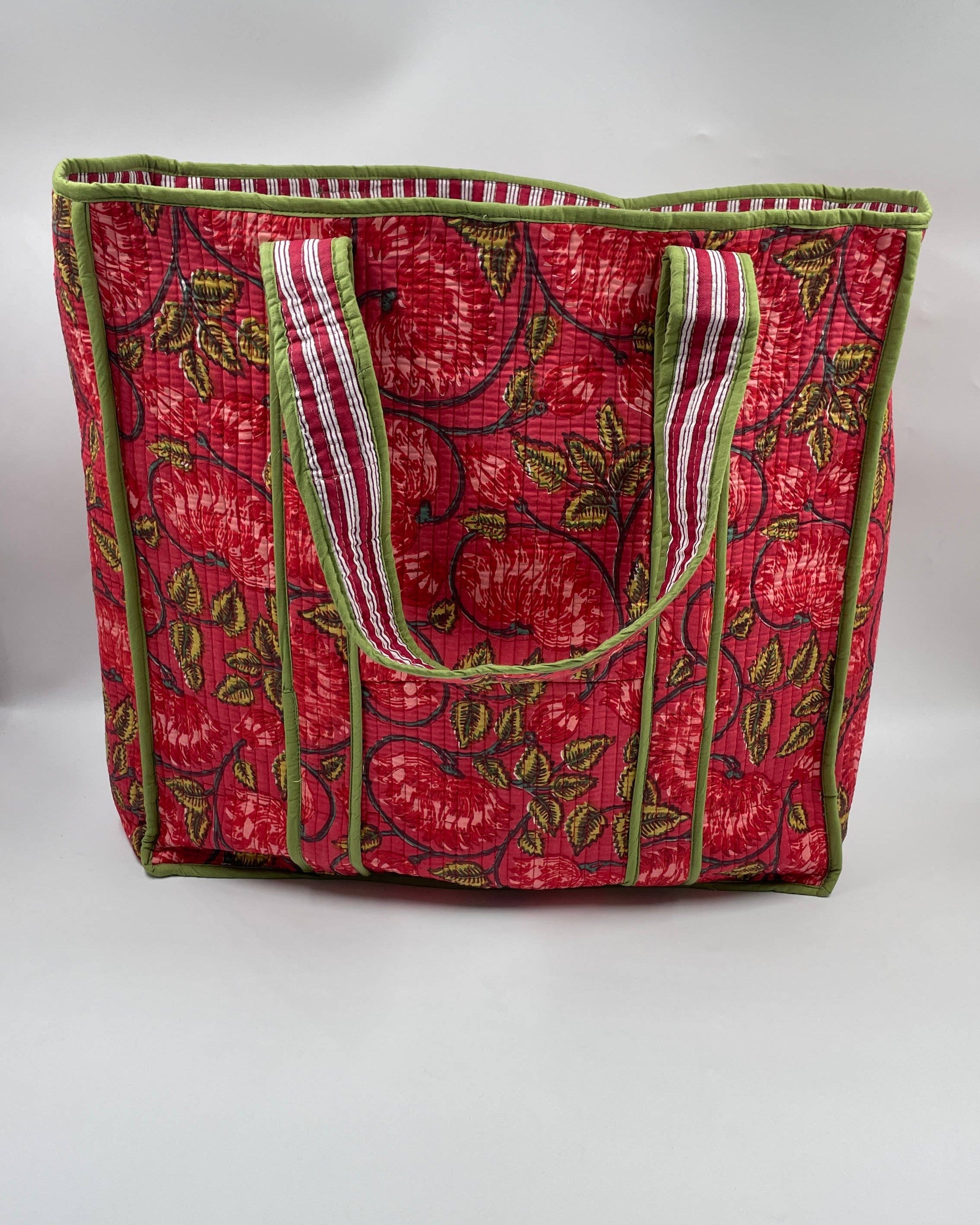 Red Floral Cotton Quilted Tote Bag