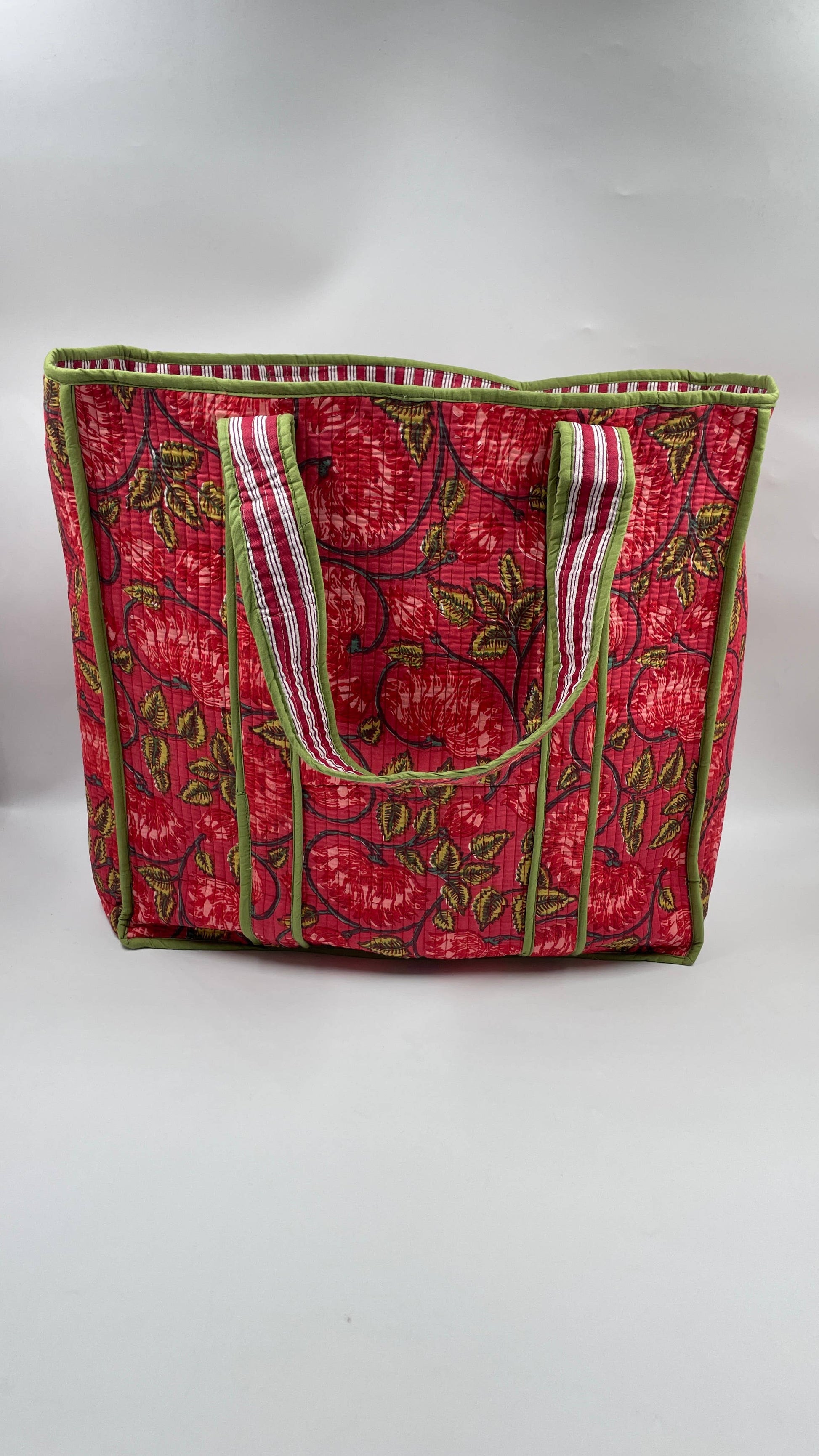 Red Floral Cotton Quilted Tote Bag