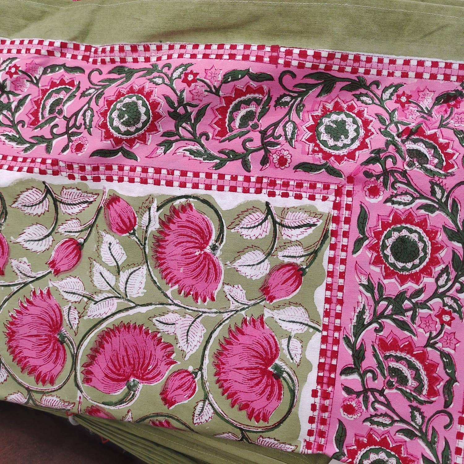 Block Printed Rectangular Tablecloth - Green Lotus