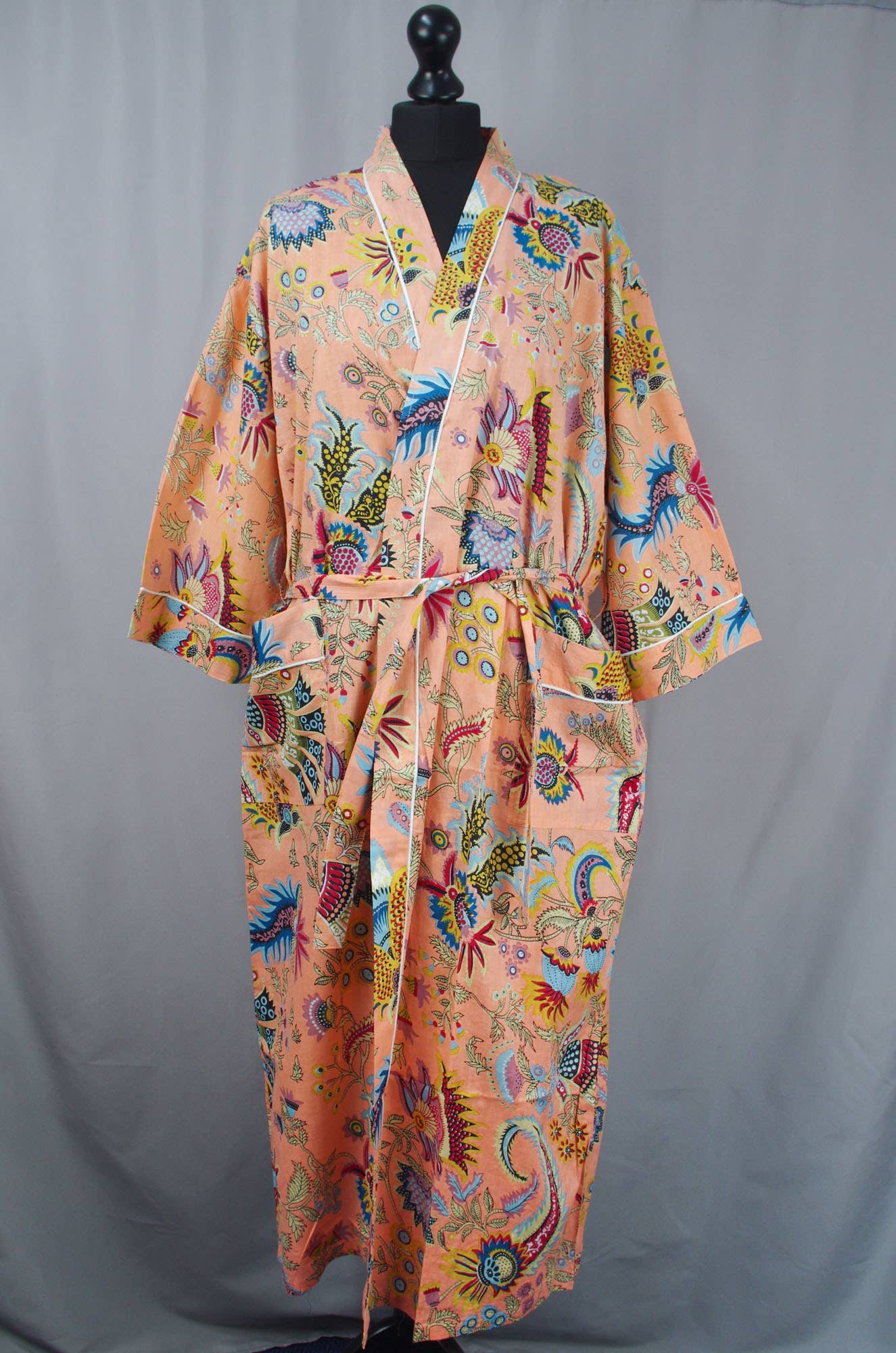Cotton Kimono Dressing Gown Robe -Peach Mukut Print