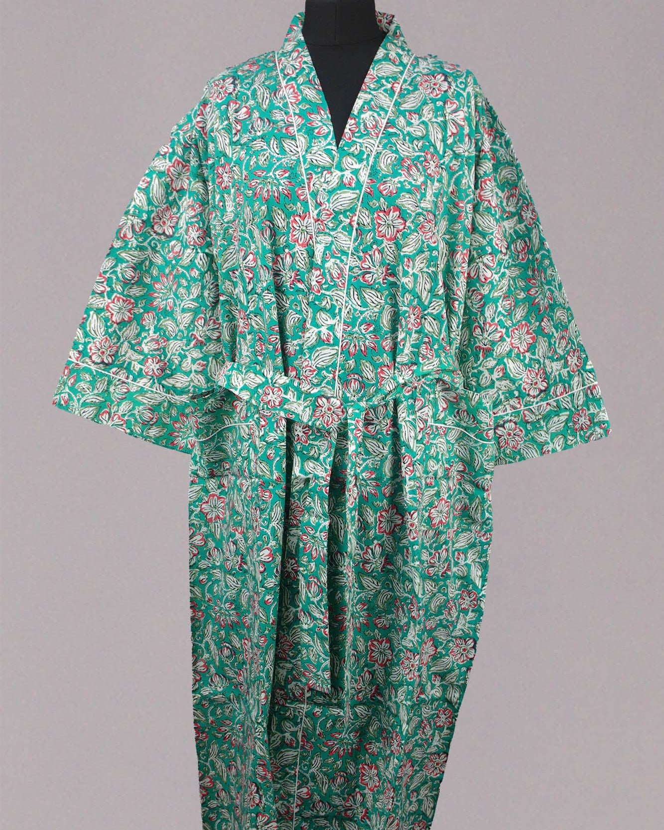 Cotton Kimono - Red Flowers On Teal Green