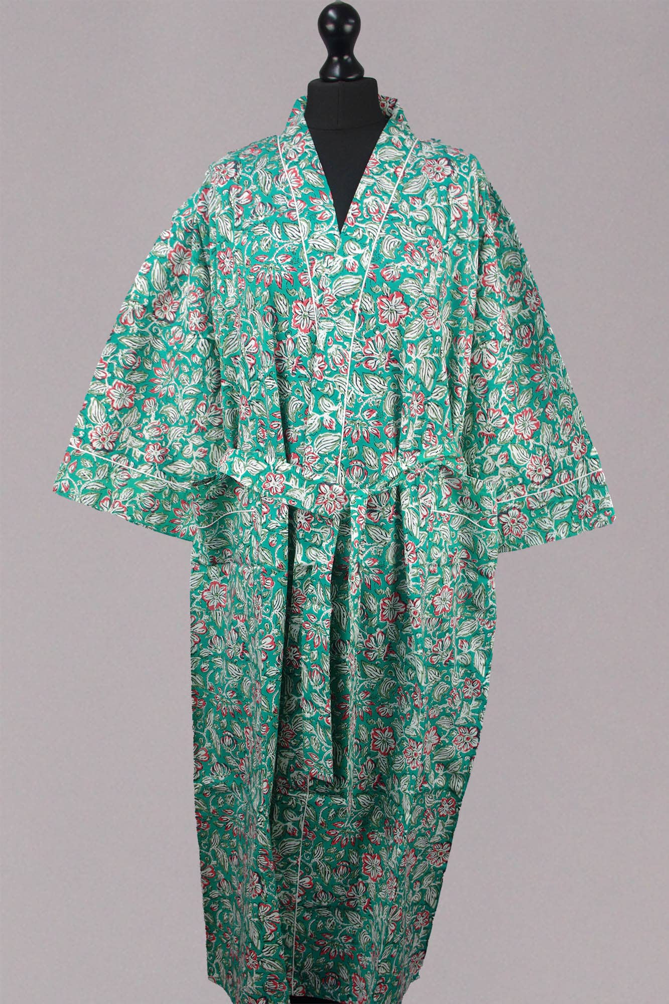 Cotton Kimono - Red Flowers On Teal Green