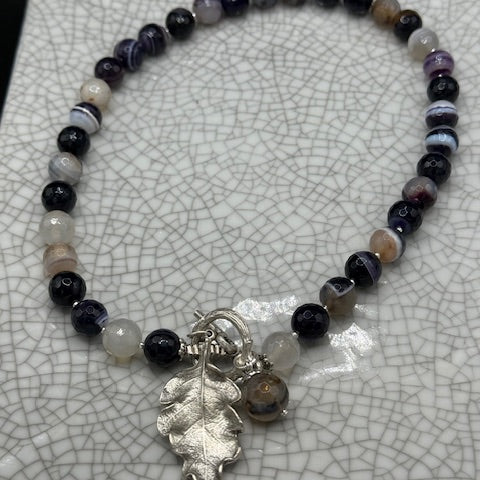 Striped Agate & Silver Oak Leaf Necklace