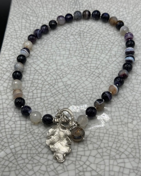 Striped Agate & Silver Oak Leaf Necklace