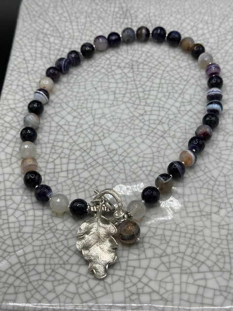 Striped Agate & Silver Oak Leaf Necklace