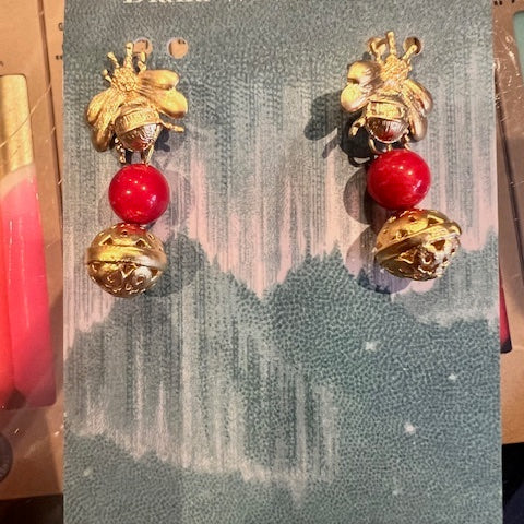 Sponge Coral & Gold Bee Earrings