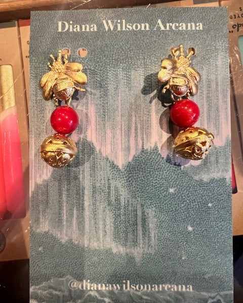 Sponge Coral & Gold Bee Earrings