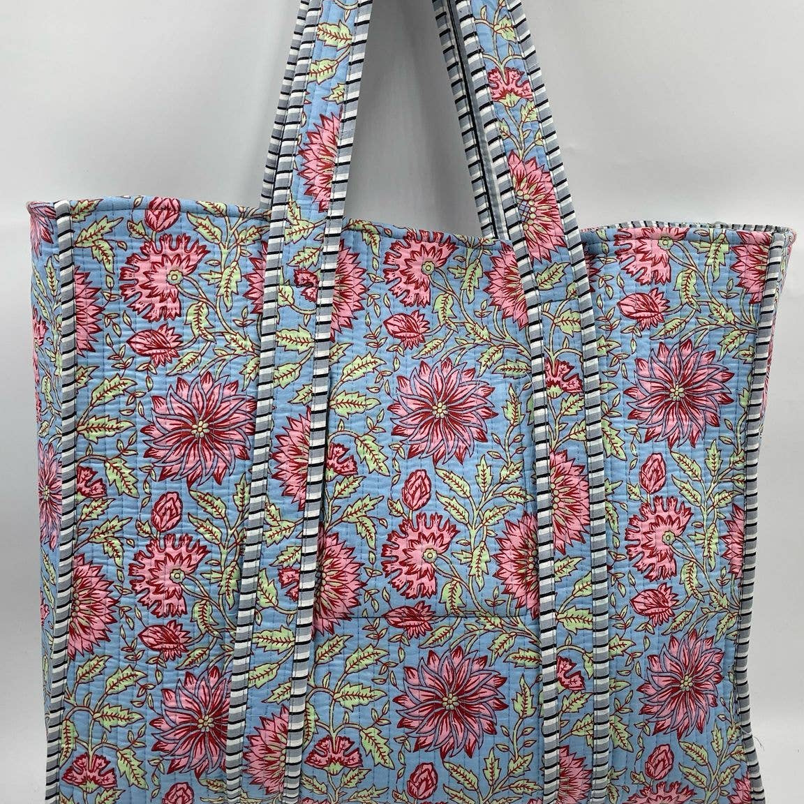 Blue & Pink Floral  Cotton Quilted Tote Bag