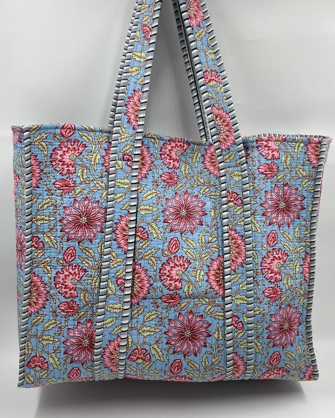 Blue & Pink Floral  Cotton Quilted Tote Bag