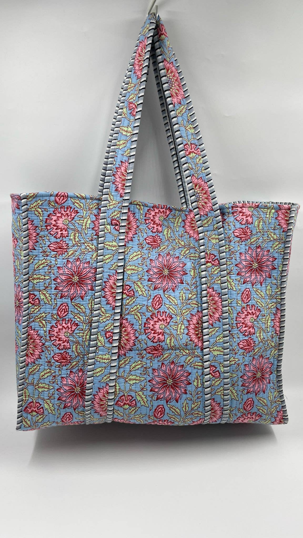 Blue & Pink Floral  Cotton Quilted Tote Bag