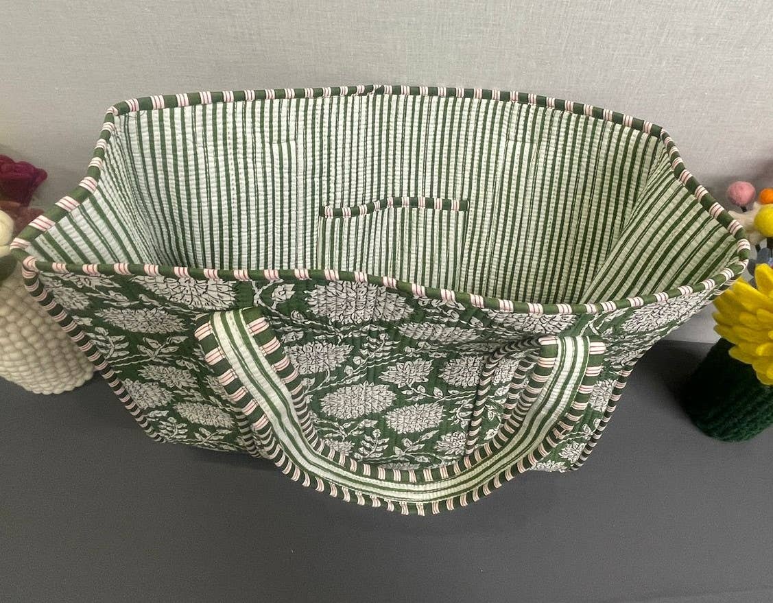 Green Marigold Cotton Kantha Floral Tote Bag