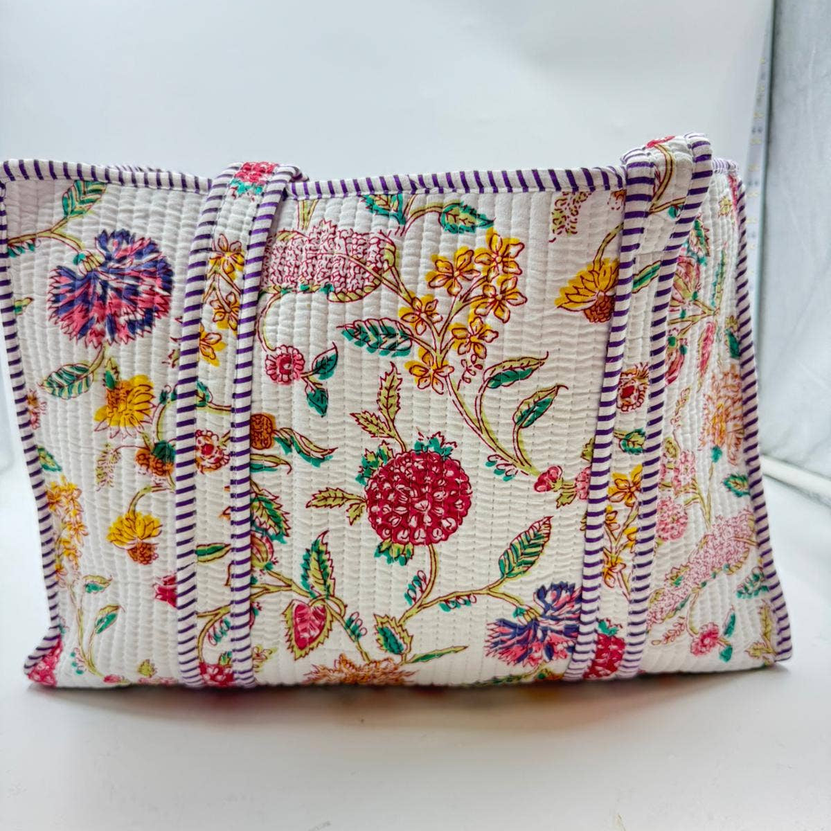 White Floral Cotton Quilted Boho (Small) Tote