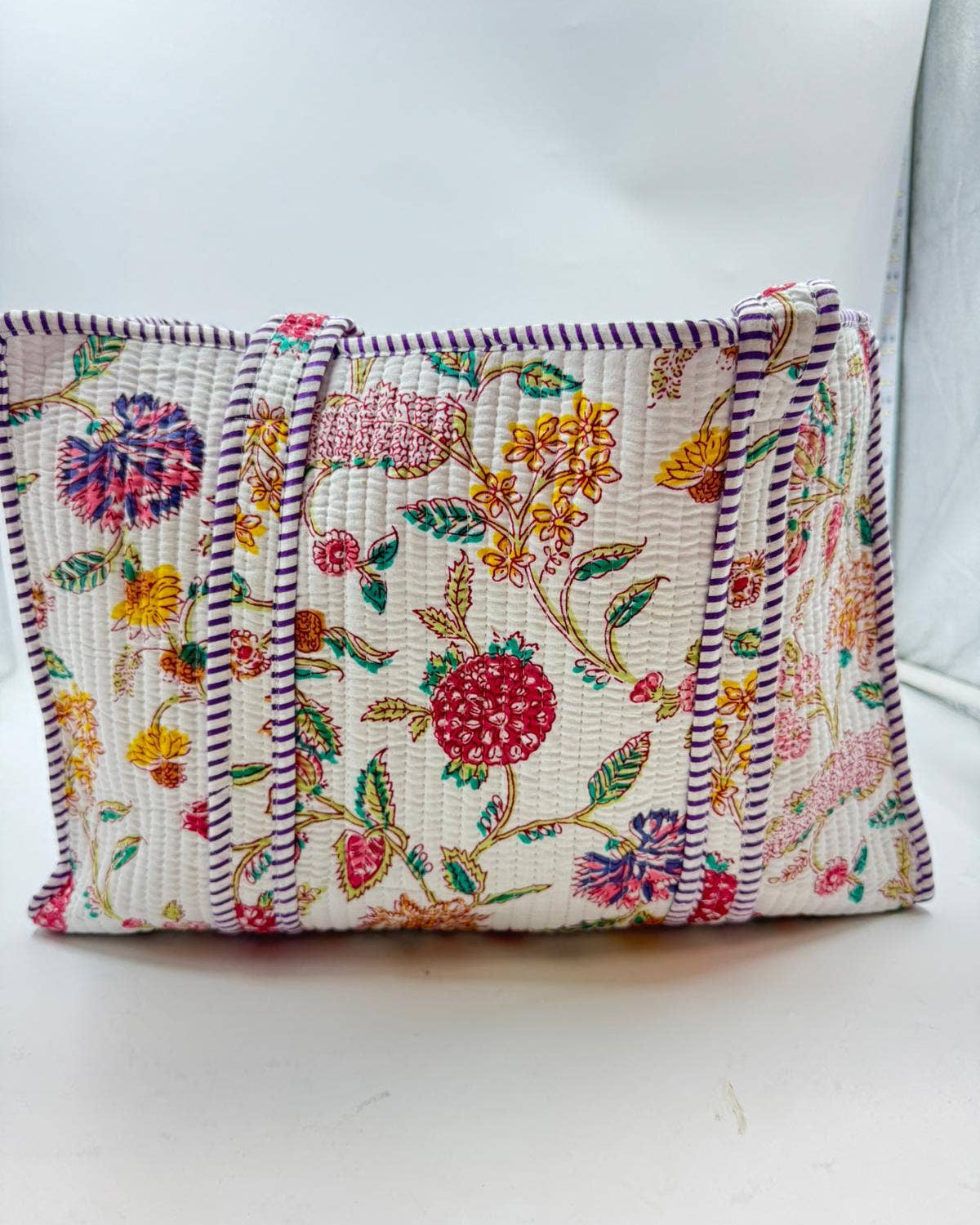 White Floral Cotton Quilted Boho (Small) Tote