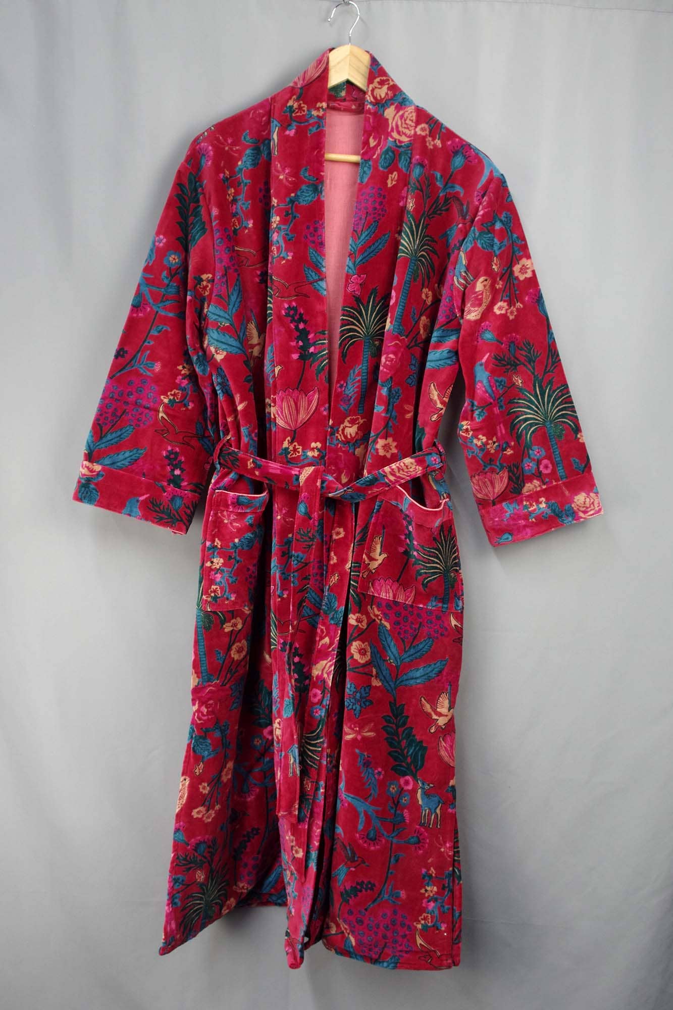 Velvet Kimono With Lining Gown - Maroon Red Tropical Floral