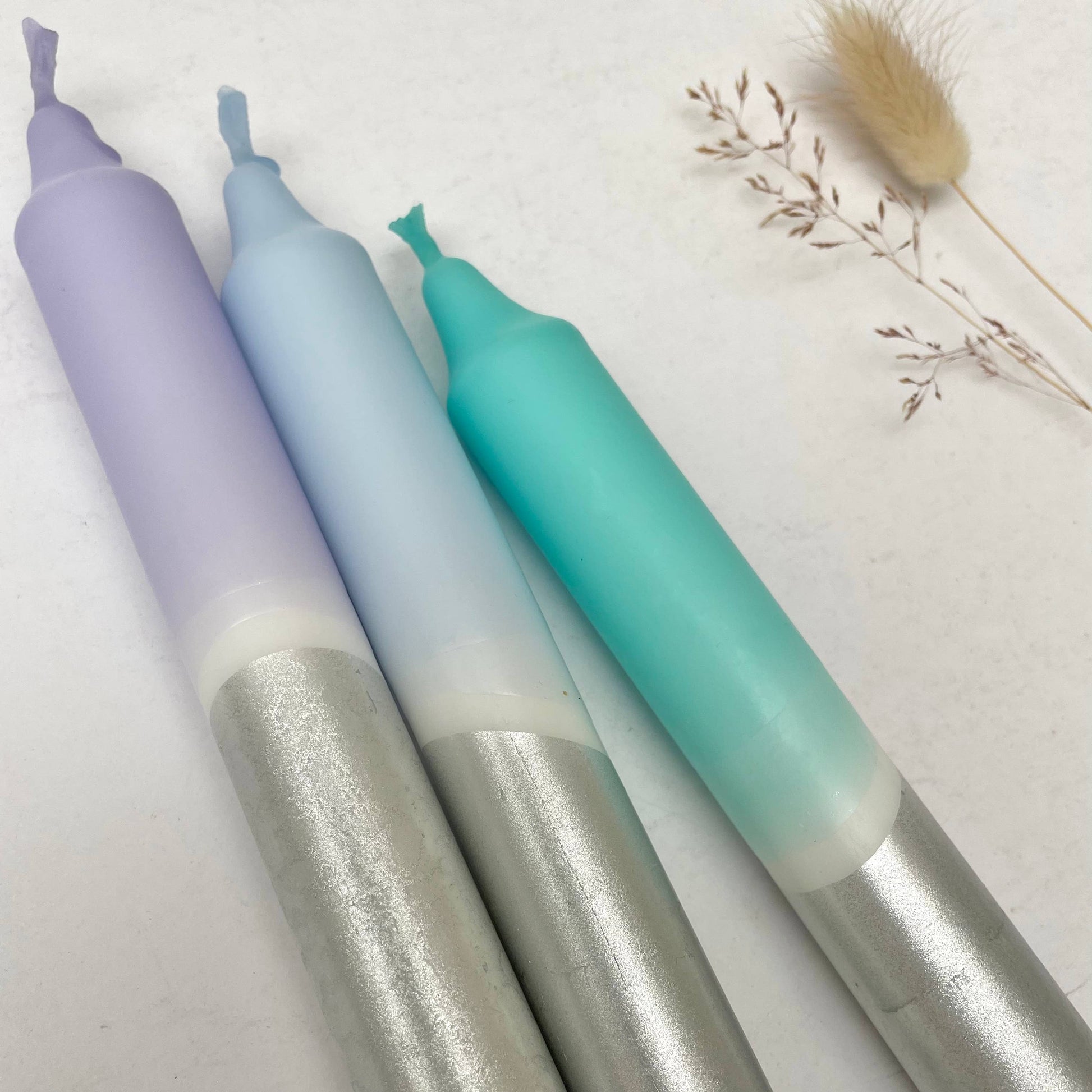 Icy Hues & Silver Dip Dye Dinner Candles