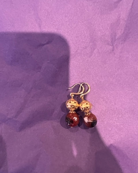 Red agate and gold hook earrings