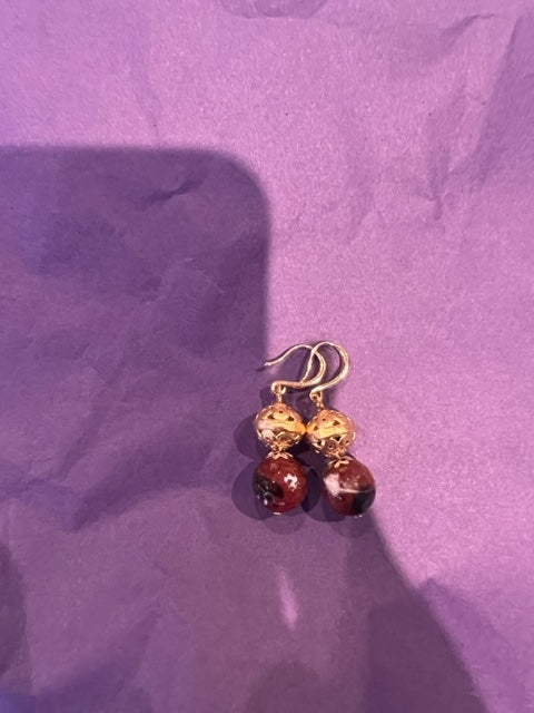 Red agate and gold hook earrings