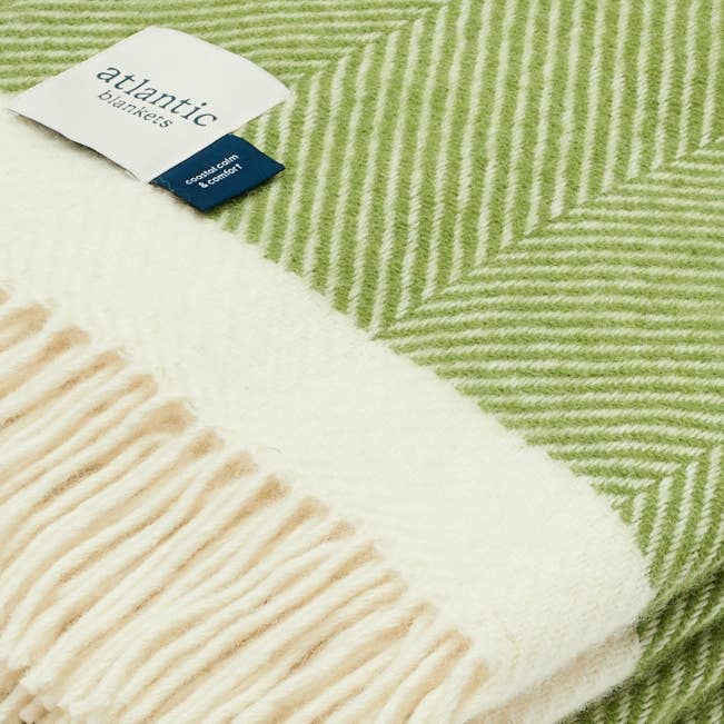 Kelp Green Herringbone Wool Blanket: Large 130 x 200cm