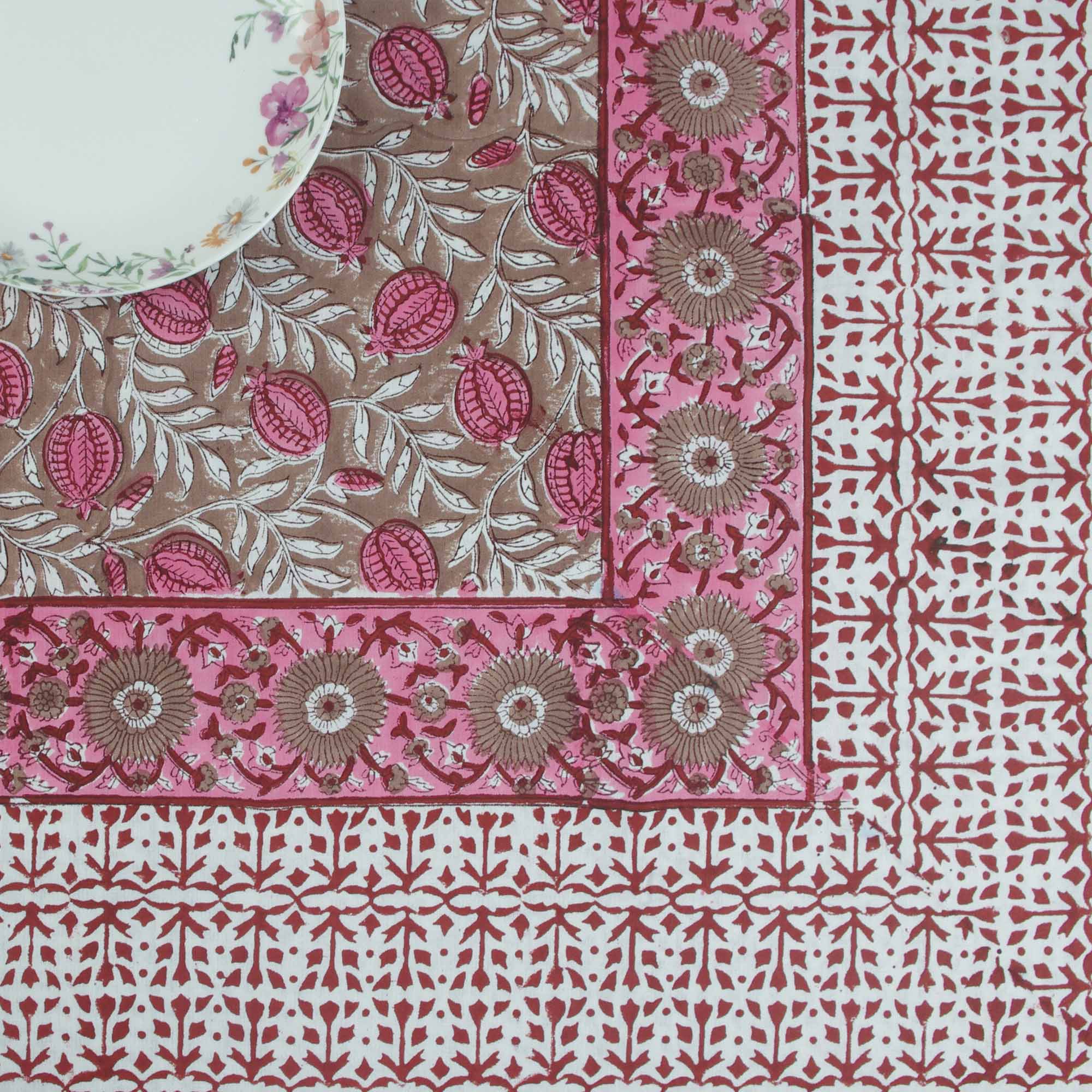Block Printed Rectangular Tablecloth - Red Bells