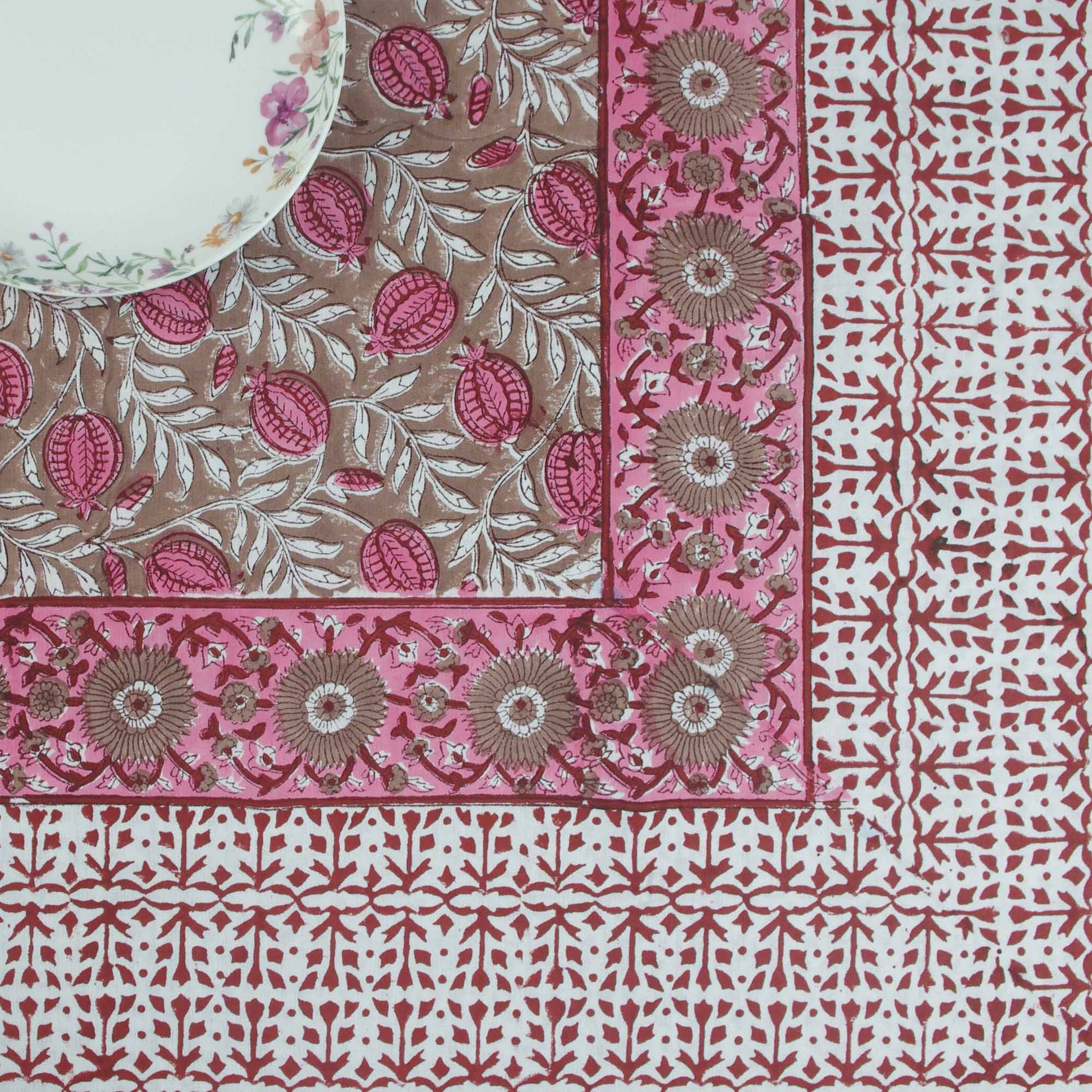 Block Printed Rectangular Tablecloth - Red Bells