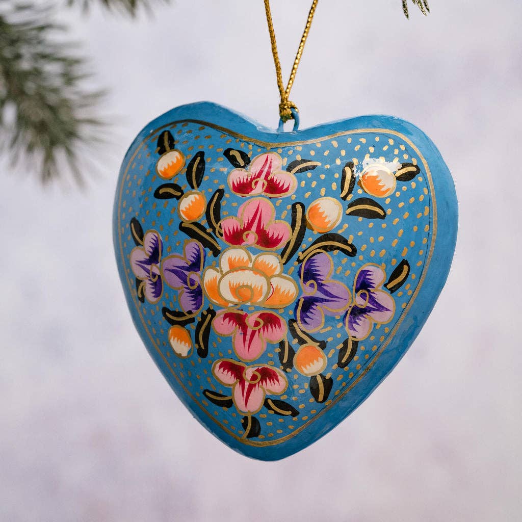 Blue Ternion Paper Mache Hanging Heart Ornament