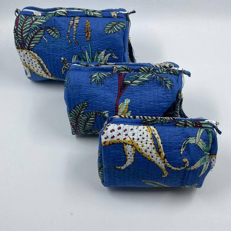 Cotton quilted Jungle design wash bag set of 3 small medium & large