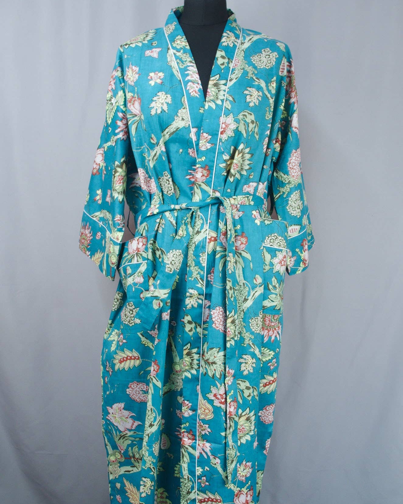 Cotton Kimono Dressing Gown Robe -Teal Wild Flowers