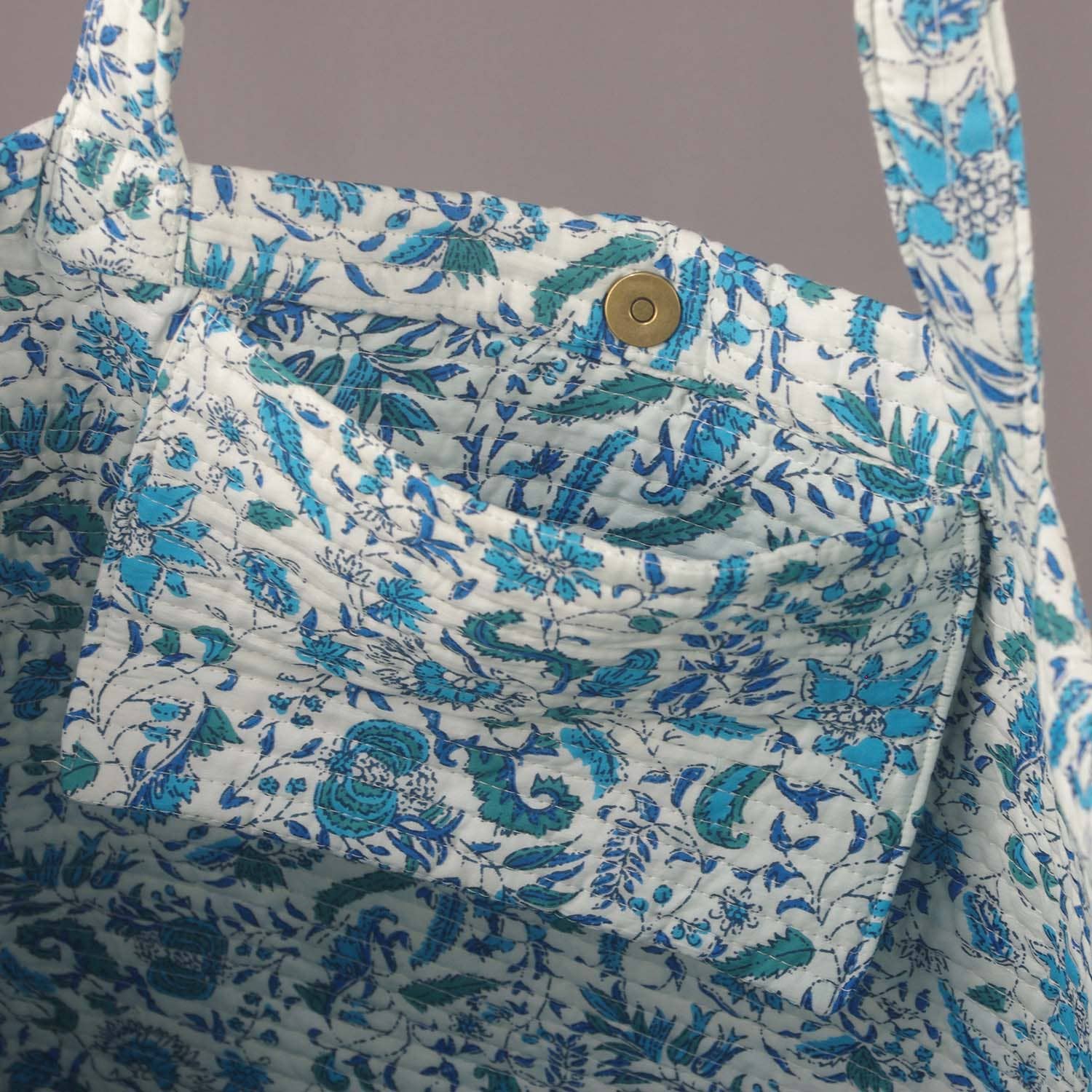 Cotton Quilted Large Shopping /Beach Bag- White Blue Floral
