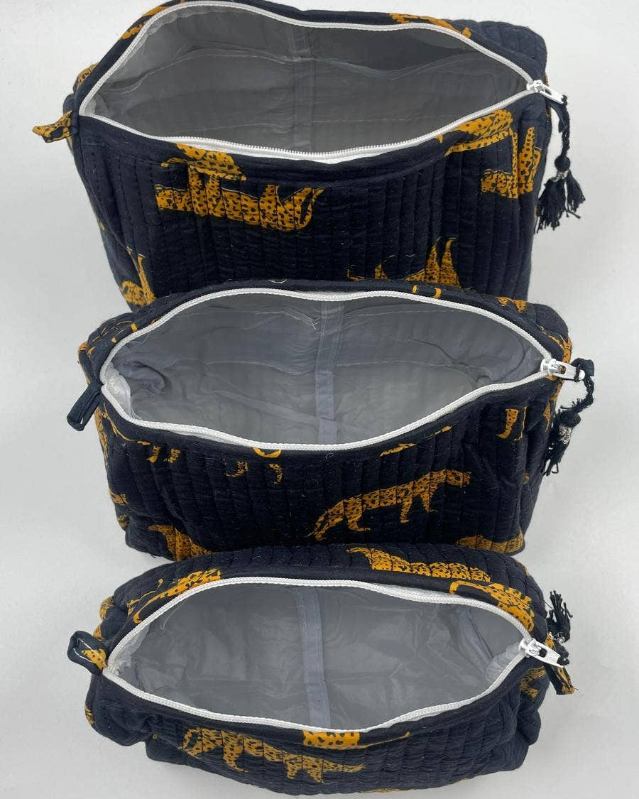 Black leopard print  quilted wash bags, set of three