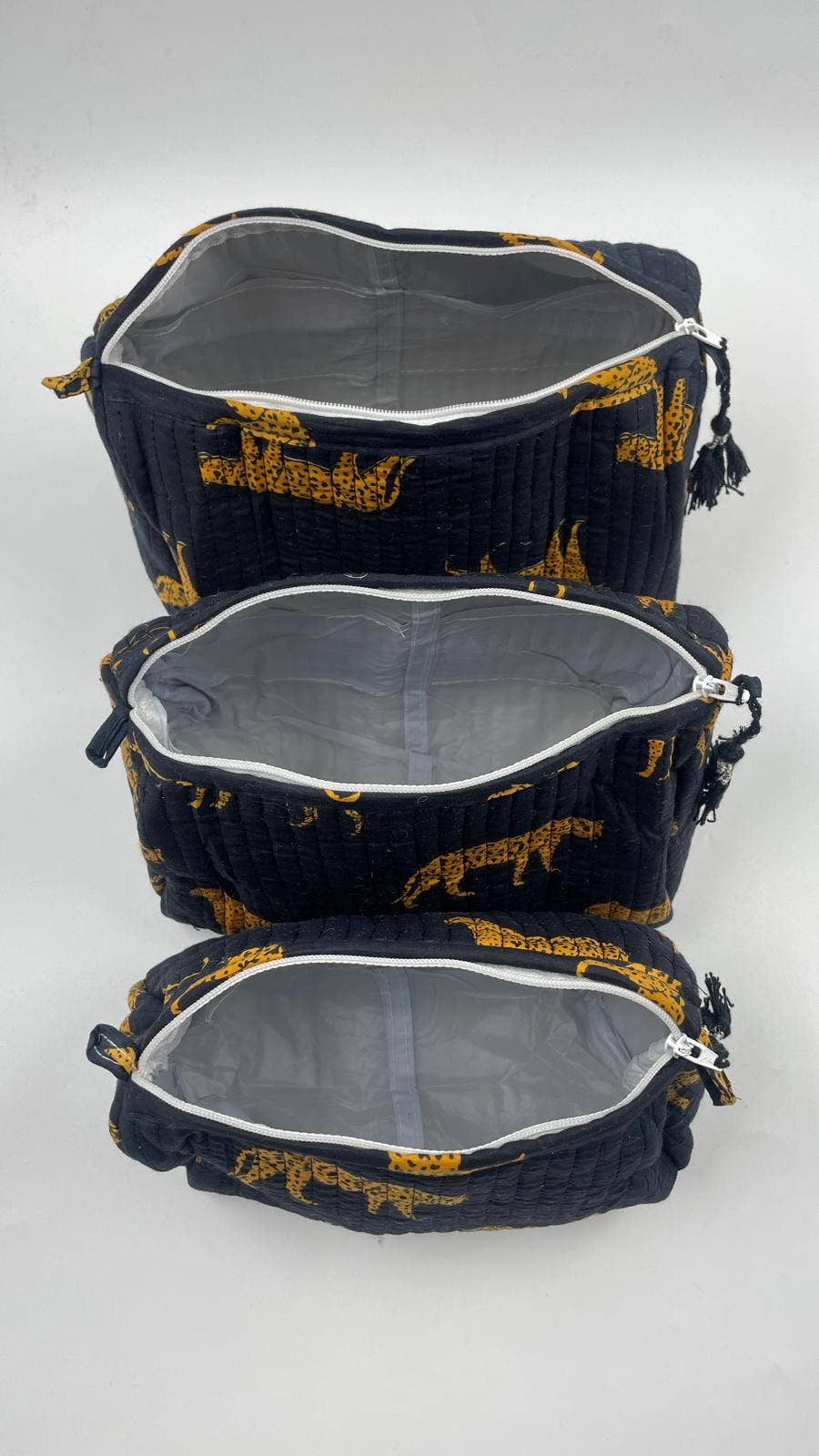 Black leopard print  quilted wash bags, set of three