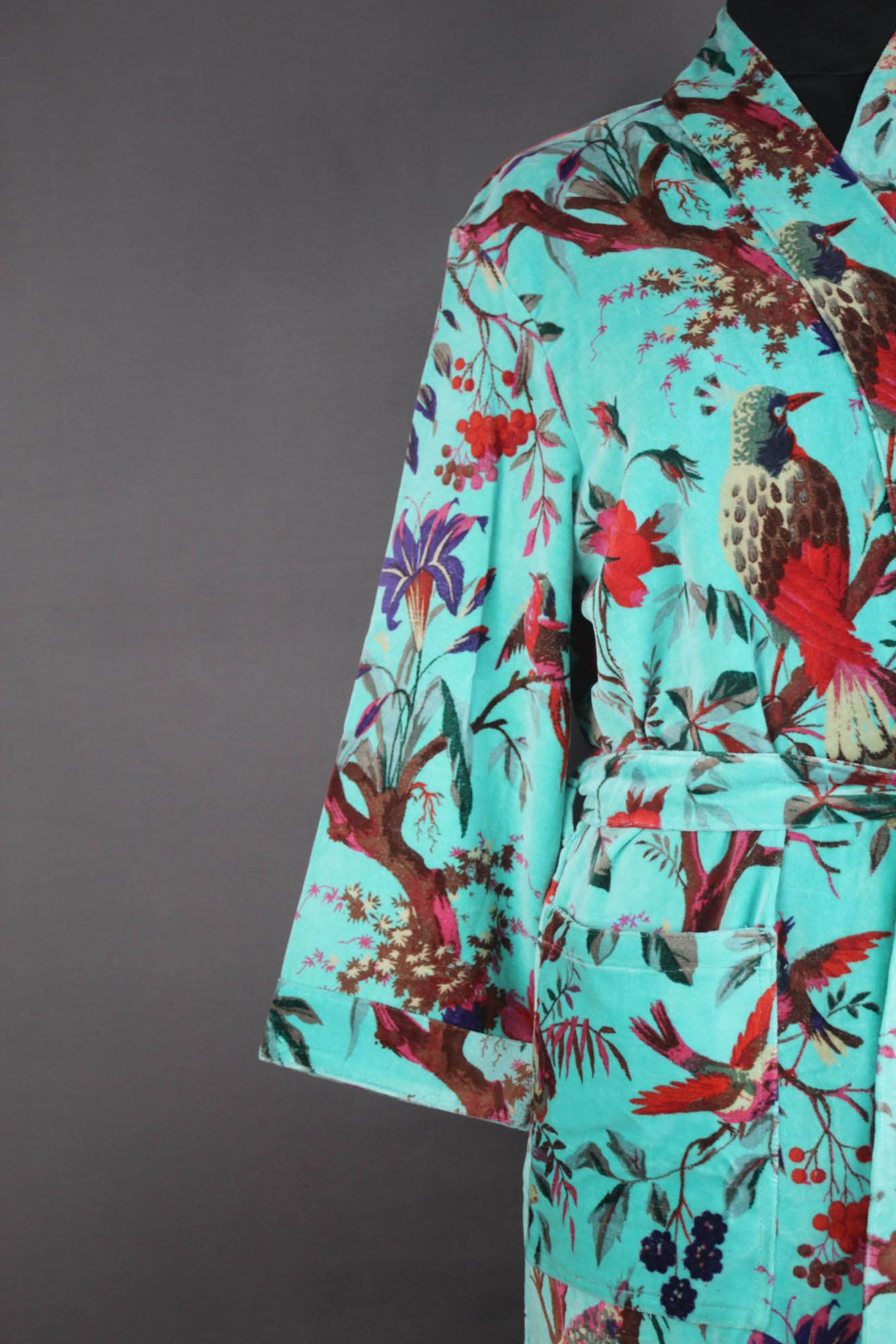 Unlined Luxury Cotton Velvet Kimono Robe - Blue Tropical