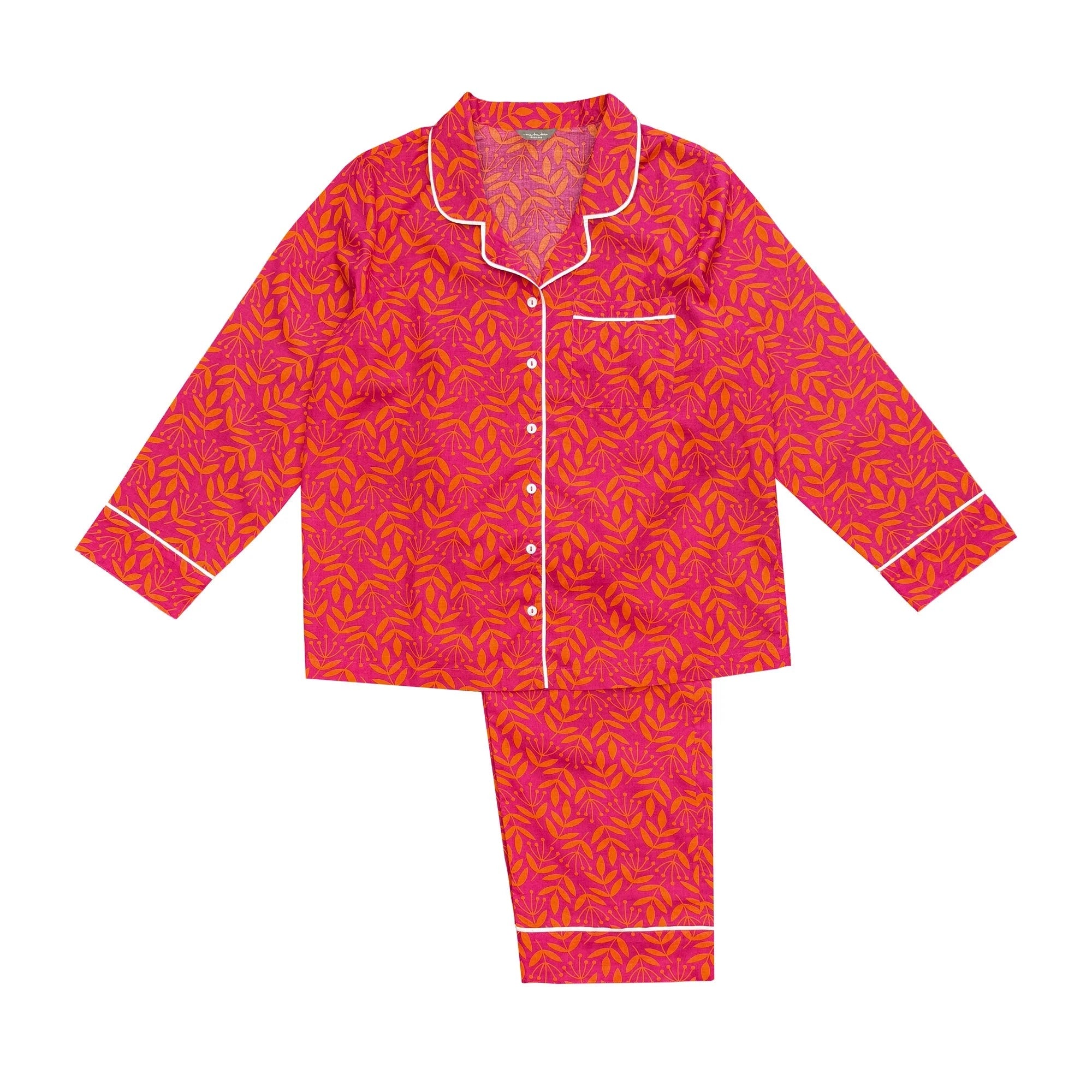 Pink and orange patterned pajama set on a white background