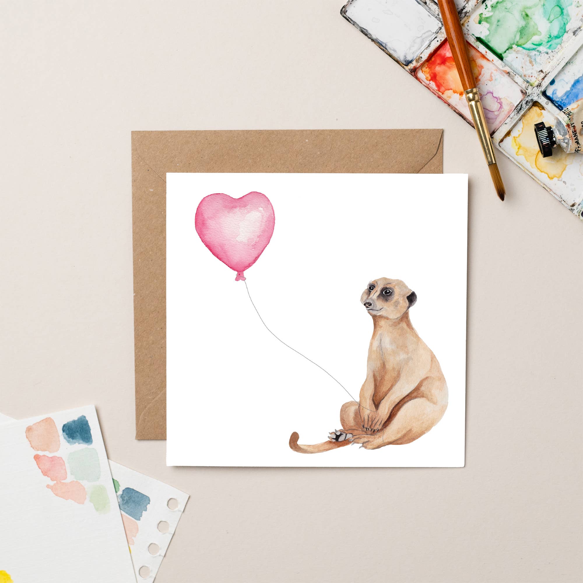 Meerkat with Heart Balloon Valentine card
