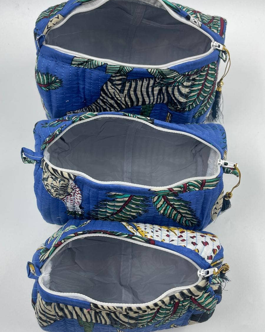 Cotton quilted Jungle design wash bag set of 3 small medium & large