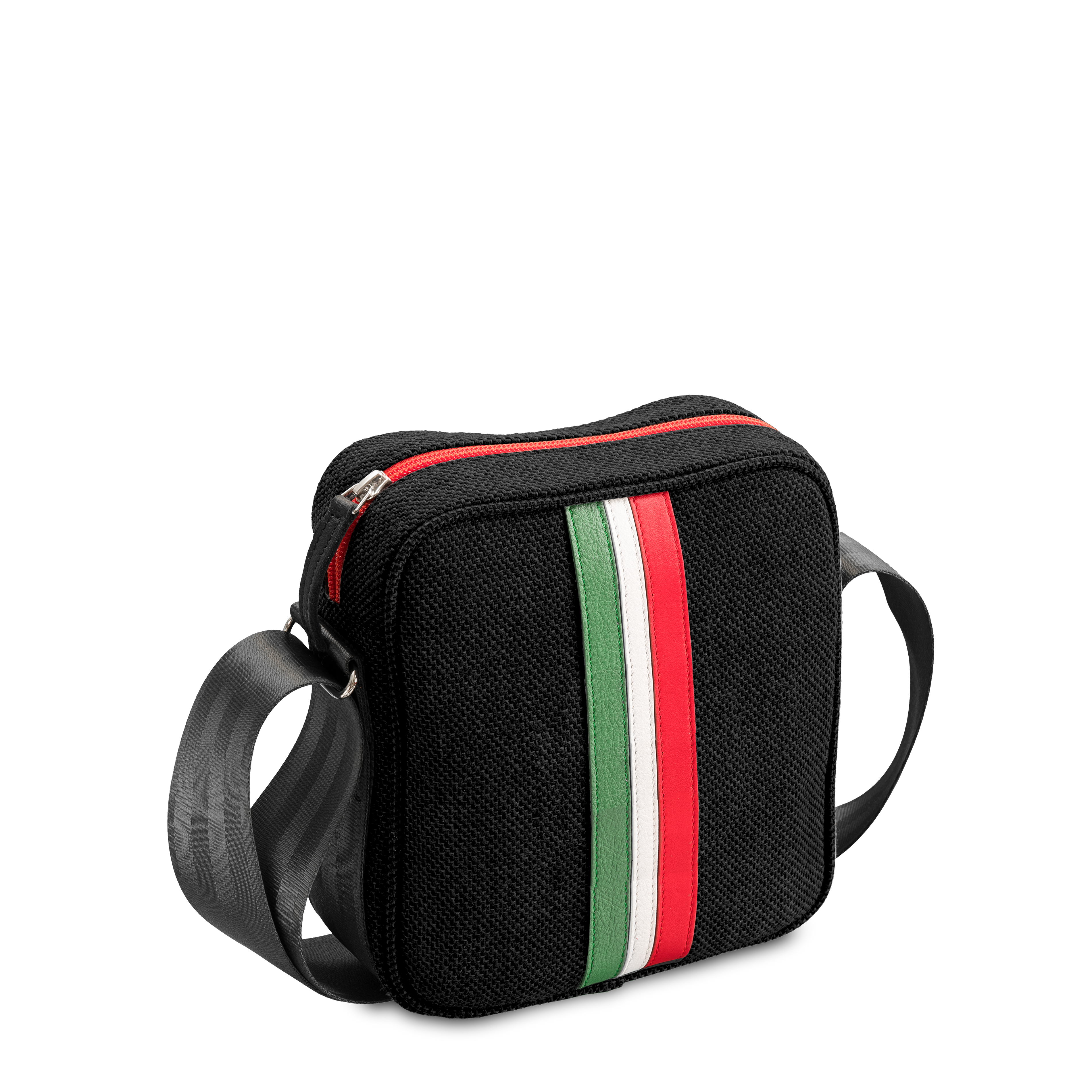 Men's shoulder bag in black fabric and upcycled leather