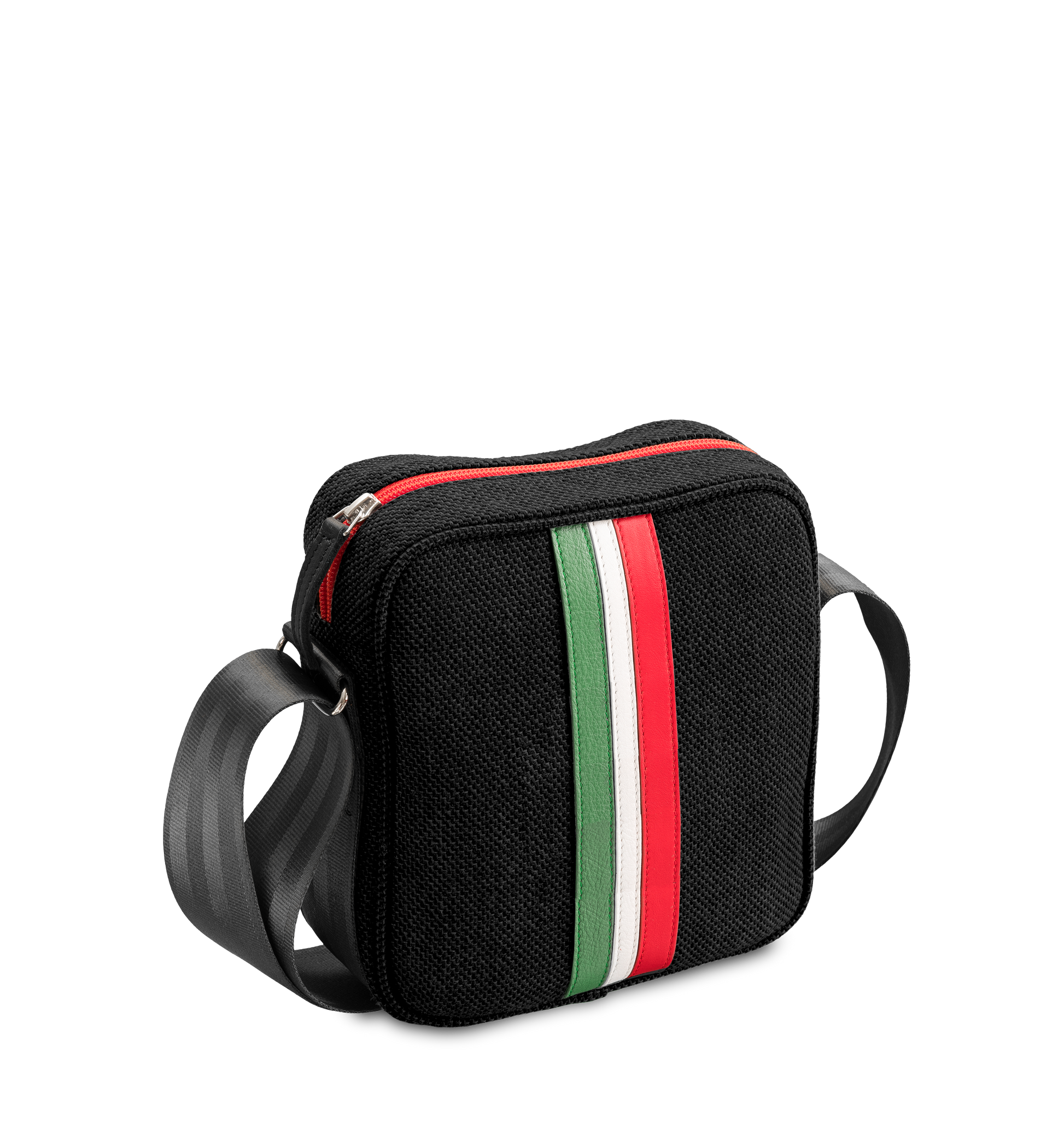 Men's shoulder bag in black fabric and upcycled leather