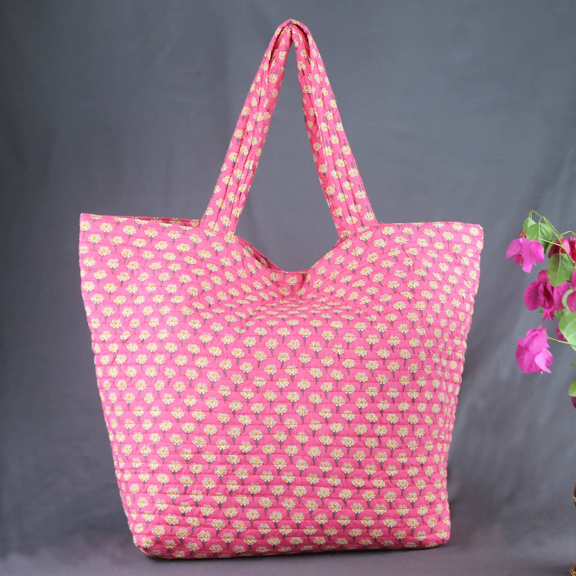 Cotton Quilted Large Shopping /Beach Bag- Pink Small Floral