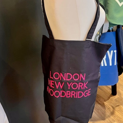 Black Tote Pink Text - London New York Woodbridge