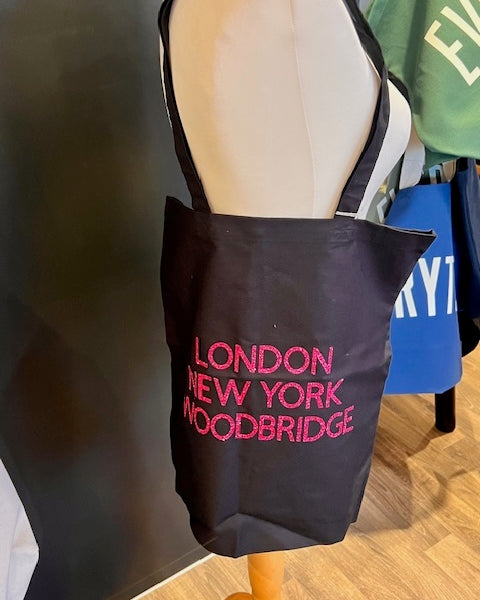 Black Tote Pink Text - London New York Woodbridge