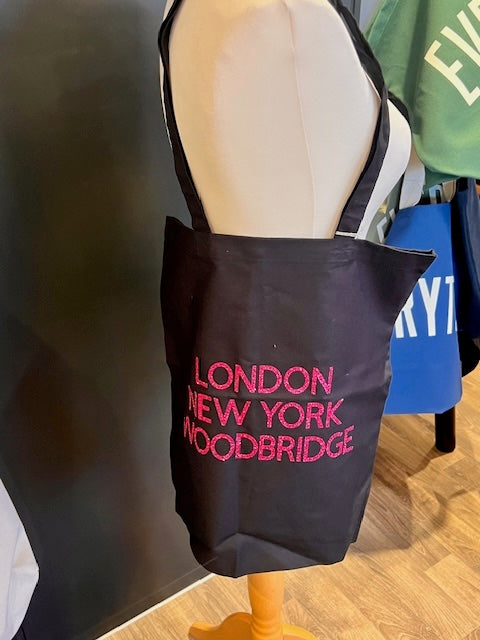 Black Tote Pink Text - London New York Woodbridge
