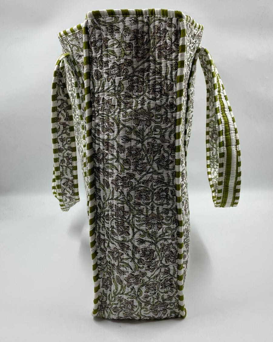 Green Botanical Cotton Quilted Tote Bag