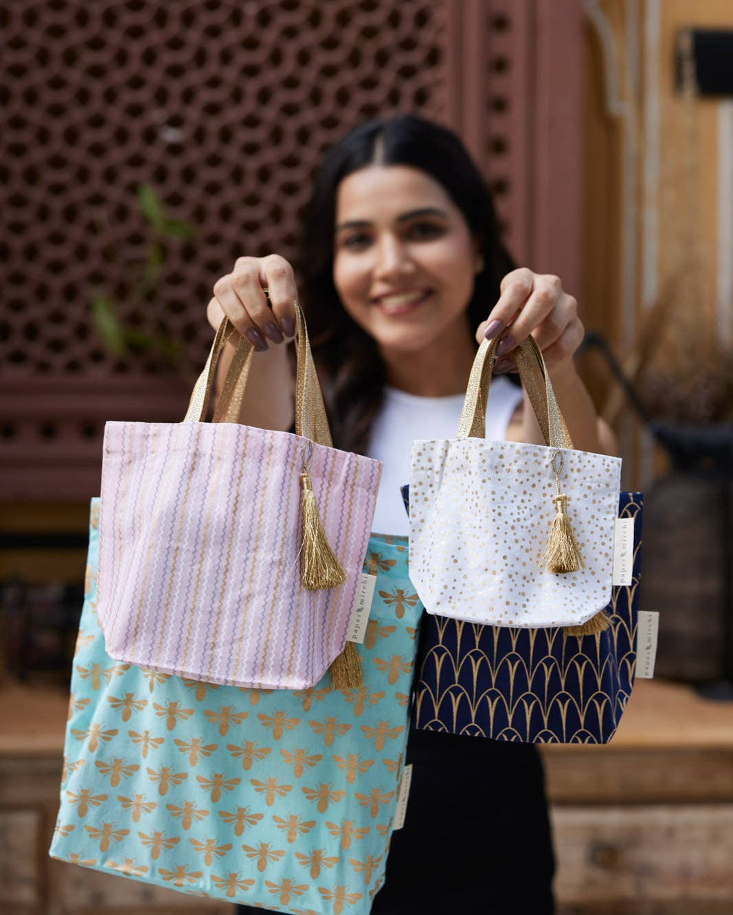 Large Navy Deco Reusable Fabric Gift Bags Tote Style  H30cm x W34cm x D10cm