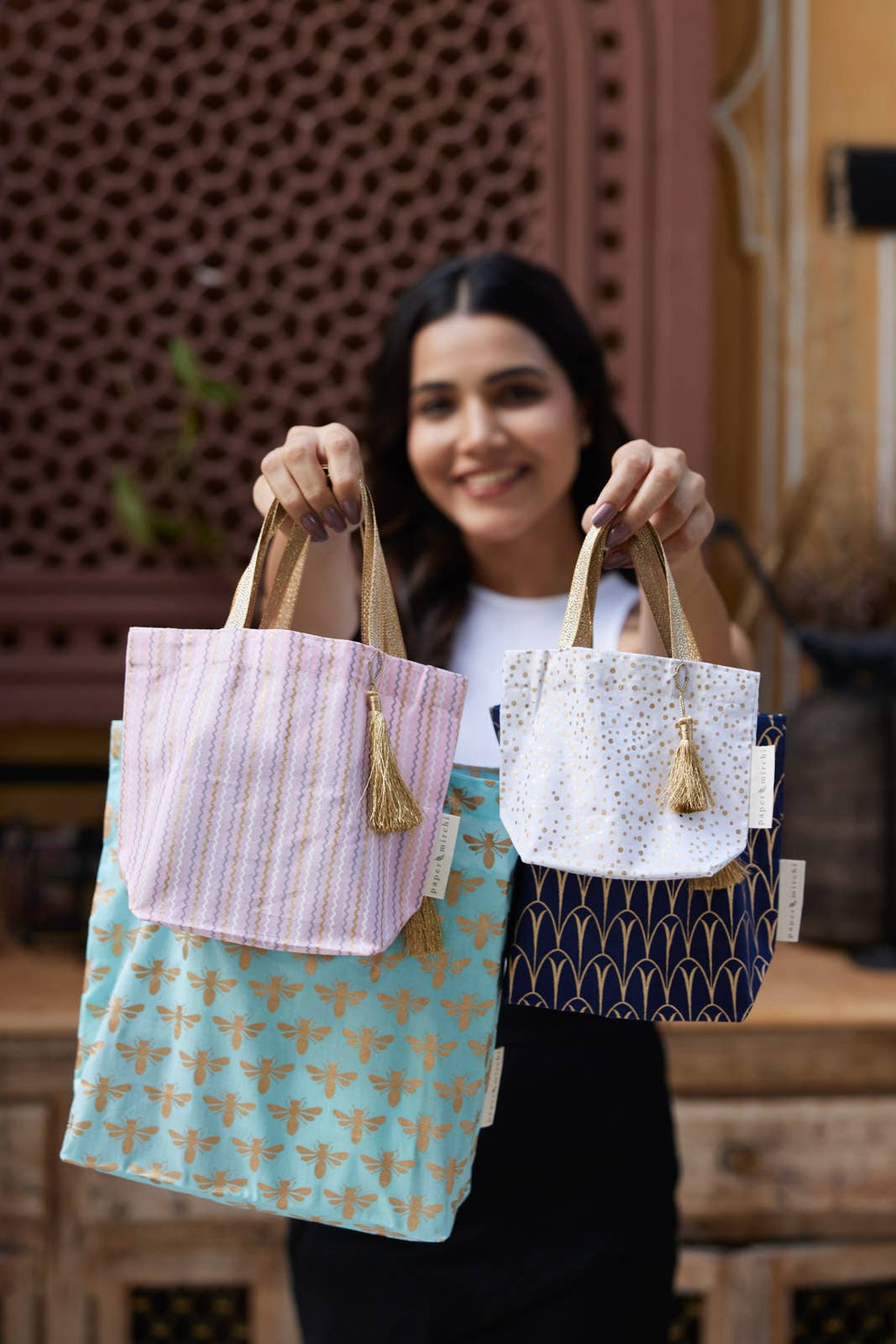 Large Navy Deco Reusable Fabric Gift Bags Tote Style  H30cm x W34cm x D10cm