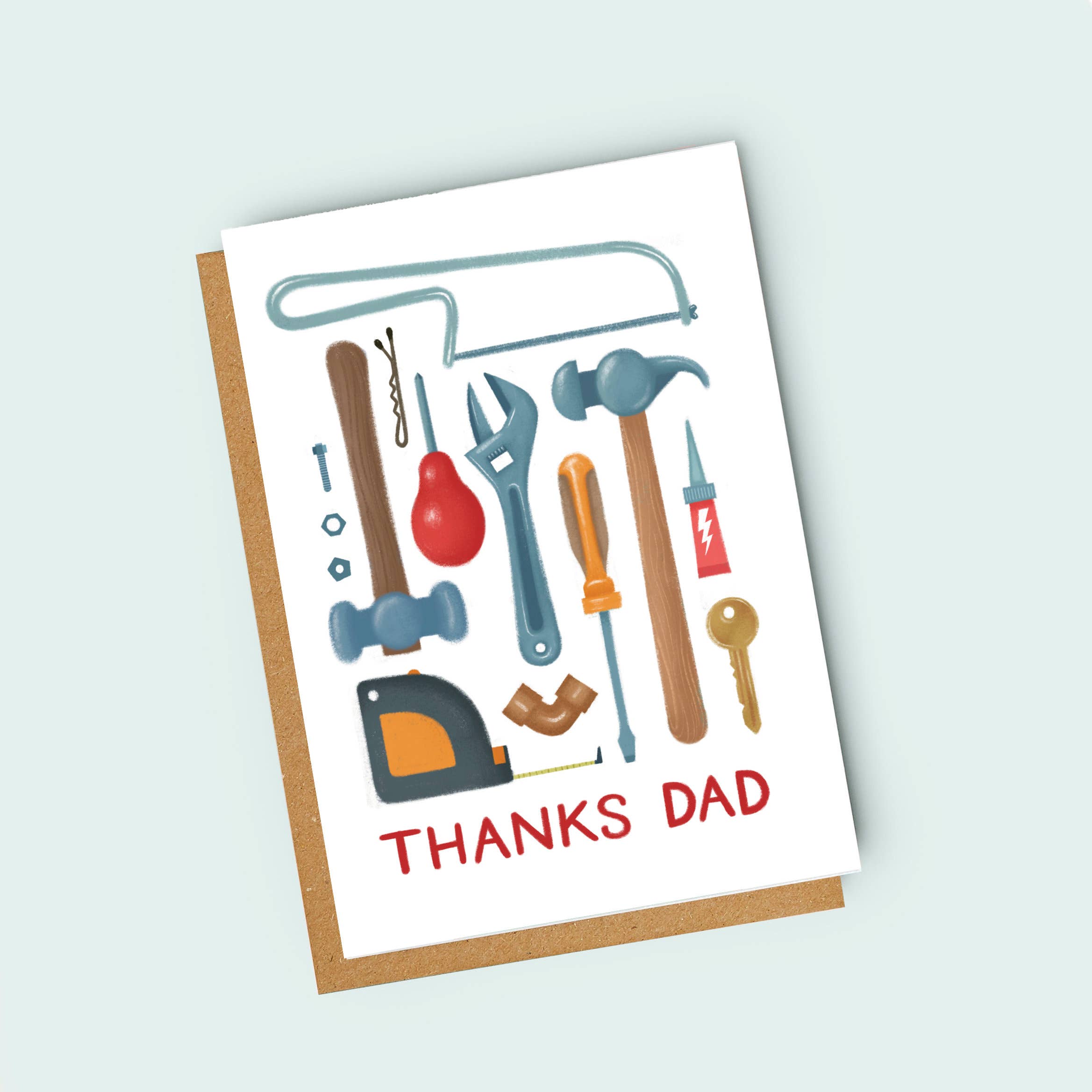 Greeting card with tools illustration and 'Thanks Dad' text on a light blue background