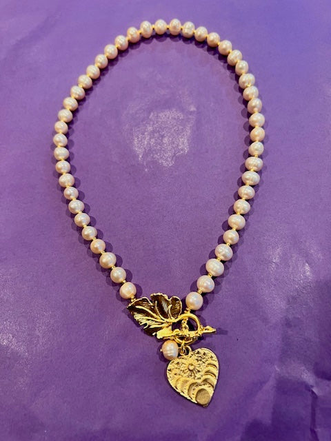 Pink Pearl Necklace - Gold Heart & Leaf